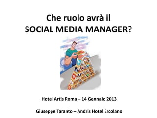 Che ruolo avrà il
SOCIAL MEDIA MANAGER?




    Hotel Artis Roma – 14 Gennaio 2013

  Giuseppe Taranto – Andris Hotel Ercolano
 