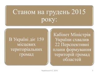 Червінська А.С. 2016 3
Станом на грудень 2015
року:
В Україні діє 159
місцевих
територіальних
громад
Кабінет Міністрів
України схвалив
22 Перспективні
плани формування
територій громад
областей
 