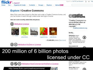 200 million of 6 billion photos
                      licensed under CC
  http://www.flickr.com/creativecommons/
 