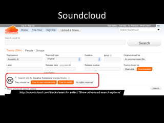 Soundcloud




http://soundcloud.com/tracks/search - select ‘Show advanced search options’
 