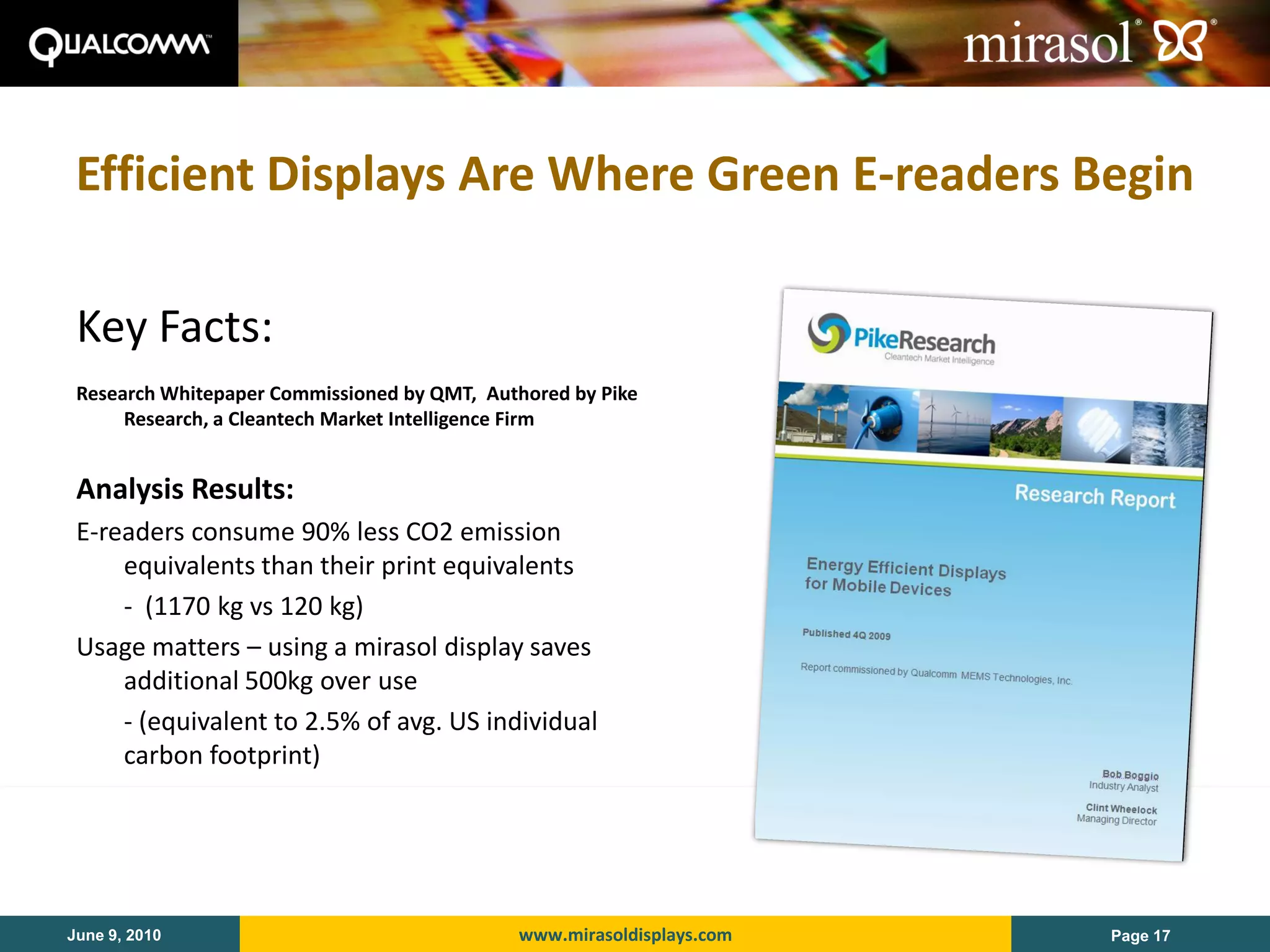 Efficient Displays Are Where Green E-readers Begin

 Key Facts:
 Research Whitepaper Commissioned by QMT, Authored by Pike
      Research, a Cleantech Market Intelligence Firm


 Analysis Results:
 E-readers consume 90% less CO2 emission
     equivalents than their print equivalents
     - (1170 kg vs 120 kg)
 Usage matters – using a mirasol display saves
     additional 500kg over use
     - (equivalent to 2.5% of avg. US individual
     carbon footprint)




June 9, 2010                                 www.mirasoldisplays.com   Page 17
 