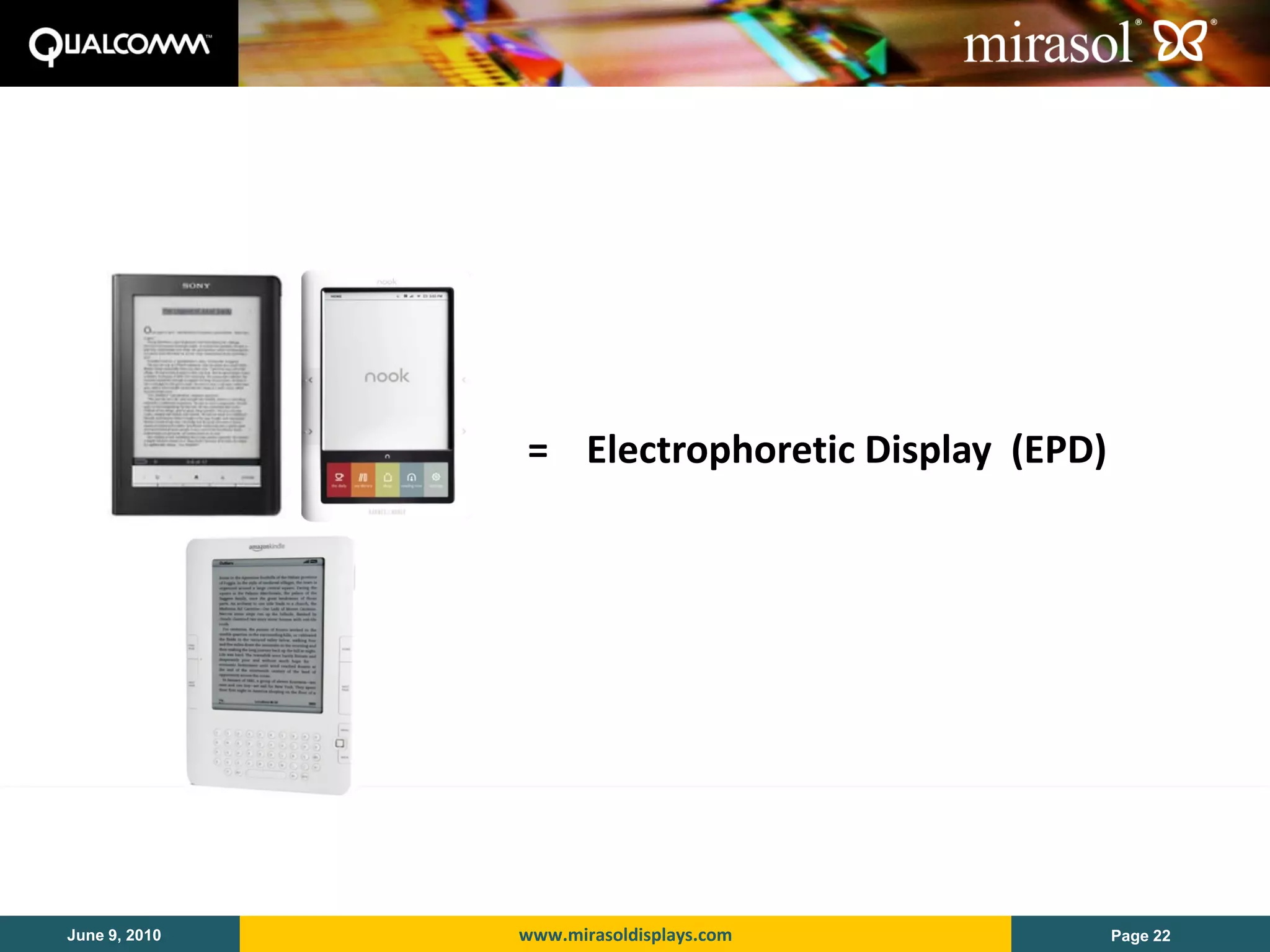 = Electrophoretic Display (EPD)




June 9, 2010   www.mirasoldisplays.com           Page 22
 