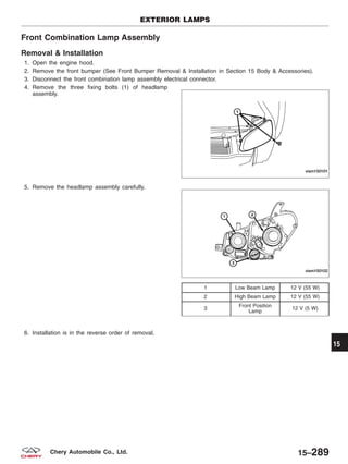 Front Combination Lamp Assembly
Removal & Installation
1. Open the engine hood.
2. Remove the front bumper (See Front Bumper Removal & Installation in Section 15 Body & Accessories).
3. Disconnect the front combination lamp assembly electrical connector.
4. Remove the three fixing bolts (1) of headlamp
assembly.
5. Remove the headlamp assembly carefully.
6. Installation is in the reverse order of removal.
1 Low Beam Lamp 12 V (55 W)
2 High Beam Lamp 12 V (55 W)
3
Front Position
Lamp
12 V (5 W)
EXTERIOR LAMPS
VISM150101
VISM150102
15
15–289Chery Automobile Co., Ltd.
 