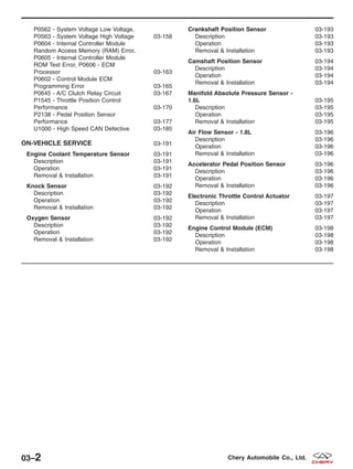P0562 - System Voltage Low Voltage,
P0563 - System Voltage High Voltage 03-158
P0604 - Internal Controller Module
Random Access Memory (RAM) Error,
P0605 - Internal Controller Module
ROM Test Error, P0606 - ECM
Processor 03-163
P0602 - Control Module ECM
Programming Error 03-165
P0645 - A/C Clutch Relay Circuit 03-167
P1545 - Throttle Position Control
Performance 03-170
P2138 - Pedal Position Sensor
Performance 03-177
U1000 - High Speed CAN Defective 03-185
ON-VEHICLE SERVICE 03-191
Engine Coolant Temperature Sensor 03-191
Description 03-191
Operation 03-191
Removal & Installation 03-191
Knock Sensor 03-192
Description 03-192
Operation 03-192
Removal & Installation 03-192
Oxygen Sensor 03-192
Description 03-192
Operation 03-192
Removal & Installation 03-192
Crankshaft Position Sensor 03-193
Description 03-193
Operation 03-193
Removal & Installation 03-193
Camshaft Position Sensor 03-194
Description 03-194
Operation 03-194
Removal & Installation 03-194
Manifold Absolute Pressure Sensor -
1.6L 03-195
Description 03-195
Operation 03-195
Removal & Installation 03-195
Air Flow Sensor - 1.8L 03-196
Description 03-196
Operation 03-196
Removal & Installation 03-196
Accelerator Pedal Position Sensor 03-196
Description 03-196
Operation 03-196
Removal & Installation 03-196
Electronic Throttle Control Actuator 03-197
Description 03-197
Operation 03-197
Removal & Installation 03-197
Engine Control Module (ECM) 03-198
Description 03-198
Operation 03-198
Removal & Installation 03-198
03–2 Chery Automobile Co., Ltd.
 