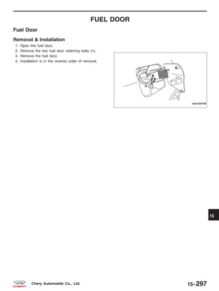 FUEL DOOR
Fuel Door
Removal & Installation
1. Open the fuel door.
2. Remove the two fuel door retaining bolts (1).
3. Remove the fuel door.
4. Installation is in the reverse order of removal.
VISM150106
15
15–297Chery Automobile Co., Ltd.
 