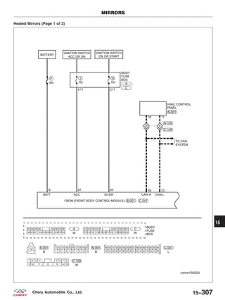 Heated Mirrors (Page 1 of 2)
MIRRORS
VISMW150022T
15
15–307Chery Automobile Co., Ltd.
 