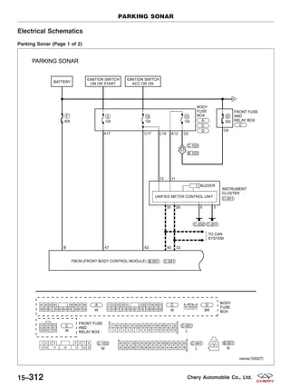 Electrical Schematics
Parking Sonar (Page 1 of 2)
PARKING SONAR
VISMW150027T
15–312 Chery Automobile Co., Ltd.
 