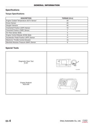 Specifications
Torque Specifications
DESCRIPTION TORQUE (N·m)
Engine Coolant Temperature (ECT) Sensor 20
Knock Sensor 20
Oxygen Sensors 45
Crankshaft Position (CKP) Sensor 10
Camshaft Position (CMP) Sensor 7
Air Flow Sensor Bolts 5
Engine Control Module (ECM) Bolts 6
Accelerator Pedal Position (APP) Sensor 11
Electronic Throttle Control Actuator 10
Manifold Absolute Pressure (MAP) Sensor 6
Special Tools
Diagnostic Scan Tool
X-431
Engine Analyzer
KES-200
GENERAL INFORMATION
03–4 Chery Automobile Co., Ltd.
 