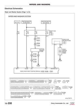 Electrical Schematics
Wiper and Washer System (Page 1 of 2)
WIPERS AND WASHERS
VISMW150015T
15–330 Chery Automobile Co., Ltd.
 