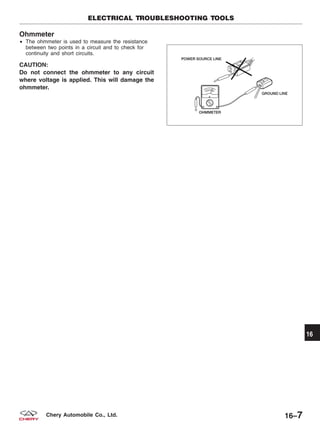 Ohmmeter
• The ohmmeter is used to measure the resistance
between two points in a circuit and to check for
continuity and short circuits.
CAUTION:
Do not connect the ohmmeter to any circuit
where voltage is applied. This will damage the
ohmmeter.
ELECTRICAL TROUBLESHOOTING TOOLS
BESM010028
16
16–7Chery Automobile Co., Ltd.
 