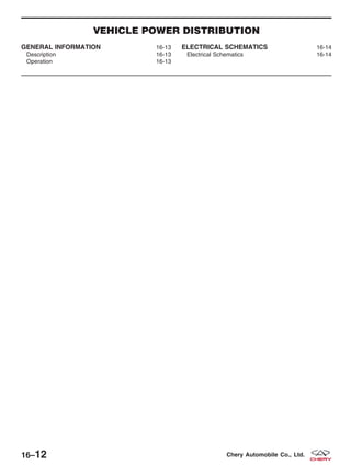 VEHICLE POWER DISTRIBUTION
GENERAL INFORMATION 16-13
Description 16-13
Operation 16-13
ELECTRICAL SCHEMATICS 16-14
Electrical Schematics 16-14
16–12 Chery Automobile Co., Ltd.
 