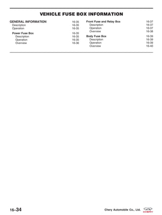 VEHICLE FUSE BOX INFORMATION
GENERAL INFORMATION 16-35
Description 16-35
Operation 16-35
Power Fuse Box 16-35
Description 16-35
Operation 16-35
Overview 16-36
Front Fuse and Relay Box 16-37
Description 16-37
Operation 16-37
Overview 16-38
Body Fuse Box 16-39
Description 16-39
Operation 16-39
Overview 16-40
16–34 Chery Automobile Co., Ltd.
 