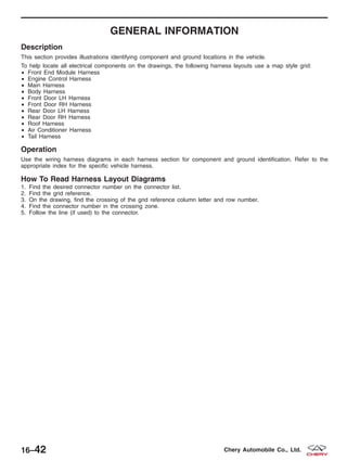 GENERAL INFORMATION
Description
This section provides illustrations identifying component and ground locations in the vehicle.
To help locate all electrical components on the drawings, the following harness layouts use a map style grid:
• Front End Module Harness
• Engine Control Harness
• Main Harness
• Body Harness
• Front Door LH Harness
• Front Door RH Harness
• Rear Door LH Harness
• Rear Door RH Harness
• Roof Harness
• Air Conditioner Harness
• Tail Harness
Operation
Use the wiring harness diagrams in each harness section for component and ground identification. Refer to the
appropriate index for the specific vehicle harness.
How To Read Harness Layout Diagrams
1. Find the desired connector number on the connector list.
2. Find the grid reference.
3. On the drawing, find the crossing of the grid reference column letter and row number.
4. Find the connector number in the crossing zone.
5. Follow the line (if used) to the connector.
16–42 Chery Automobile Co., Ltd.
 