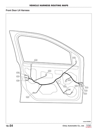 Front Door LH Harness
VEHICLE HARNESS ROUTING MAPS
VISMW160008T
16–54 Chery Automobile Co., Ltd.
 