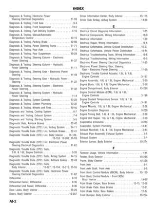 Diagnosis & Testing, Electronic Power
Steering Electrical Diagnostics . . . . . . . . . . . . . . . . 11-59
Diagnosis & Testing, Front Axle . . . . . . . . . . . . . . . . . . 9-4
Diagnosis & Testing, Front Suspension . . . . . . . . . . . . . 10-5
Diagnosis & Testing, Fuel Delivery System . . . . . . . . . . 4-10
Diagnosis & Testing, Manual/Automatic
Temperature Control . . . . . . . . . . . . . . . . . . . . . . . 13-10
Diagnosis & Testing, Parking Brake . . . . . . . . . . . . . . 12-90
Diagnosis & Testing, Power Steering Pump . . . . . . . . . 11-71
Diagnosis & Testing, Rear Axle . . . . . . . . . . . . . . . . . . 9-10
Diagnosis & Testing, Rear Suspension . . . . . . . . . . . . 10-28
Diagnosis & Testing, Steering Column - Electronic
Power Steering . . . . . . . . . . . . . . . . . . . . . . . . . . . 11-37
Diagnosis & Testing, Steering Column - Hydraulic
Power Steering . . . . . . . . . . . . . . . . . . . . . . . . . . . 11-11
Diagnosis & Testing, Steering Gear - Electronic Power
Steering . . . . . . . . . . . . . . . . . . . . . . . . . . . . . . . 11-48
Diagnosis & Testing, Steering Gear - Hydraulic Power
Steering . . . . . . . . . . . . . . . . . . . . . . . . . . . . . . . 11-22
Diagnosis & Testing, Steering System - Electronic
Power Steering . . . . . . . . . . . . . . . . . . . . . . . . . . . 11-32
Diagnosis & Testing, Steering System - Hydraulic
Power Steering . . . . . . . . . . . . . . . . . . . . . . . . . . . 11-4
Diagnosis & Testing, System Controls . . . . . . . . . . . . 13-20
Diagnosis & Testing, System Plumbing . . . . . . . . . . . . 13-35
Diagnosis & Testing, Wheels and Tires . . . . . . . . . . . . 10-45
Diagnosis and Testing, Cooling System . . . . . . . . . . . . . 6-7
Diagnosis and Testing, Exhaust System . . . . . . . . . . . . . 7-4
Diagnosis and Testing, Starting System . . . . . . . . . . . . . 5-5
Diagnostic Help, Antilock Brakes . . . . . . . . . . . . . . . . 12-40
Diagnostic Trouble Code (DTC) List, Airbag System . . . 14-11
Diagnostic Trouble Code (DTC) List, Antilock Brakes . . . 12-41
Diagnostic Trouble Code (DTC) List, Body Interior . . . 15-126,
15-153, 15-209, 15-53
Diagnostic Trouble Code (DTC) List, Electronic Power
Steering Electrical Diagnostics . . . . . . . . . . . . . . . . 11-61
Diagnostic Trouble Code (DTC) Tests,
1.6L & 1.8L Engine Controls . . . . . . . . . . . . . . . . . . 3-33
Diagnostic Trouble Code (DTC) Tests, Airbag System . . 14-15
Diagnostic Trouble Code (DTC) Tests, Antilock Brakes . . 12-43
Diagnostic Trouble Code (DTC) Tests,
Body Interior . . . . . . . . . . . 15-127, 15-154, 15-210, 15-55
Diagnostic Trouble Code (DTC) Tests, Electronic Power
Steering Electrical Diagnostics . . . . . . . . . . . . . . . . 11-62
Differential . . . . . . . . . . . . . . . . . . . . . . . . . . . . . . . . 8-33
Differential Carrier, Differential . . . . . . . . . . . . . . . . . . . 8-36
Differential Unit Repair, Differential . . . . . . . . . . . . . . . . 8-36
Door Locks, Body Interior . . . . . . . . . . . . . . . . . . . . . 15-26
Doors, Body Exterior . . . . . . . . . . . . . . . . . . . . . . . 15-257
Driver Information Center, Body Interior . . . . . . . . . . 15-175
Driver Side Airbag, Airbag System . . . . . . . . . . . . . . . 14-38
E
Electrical Circuit Diagnosis Information . . . . . . . . . . . . . 1-15
Electrical Components, Wiring Information . . . . . . . . . . 16-9
Electrical Information . . . . . . . . . . . . . . . . . . . . . . . . . 1-20
Electrical Repair, Wiring Information . . . . . . . . . . . . . . . 16-8
Electrical Schematics, Vehicle Ground Distribution . . . . 16-27
Electrical Schematics, Vehicle Power Distribution . . . . . 16-14
Electrical Troubleshooting Tools, Wiring Information . . . . 16-6
Electrical Troubleshooting, Wiring Information . . . . . . . . 16-5
Electronic Power Steering Electrical Diagnostics . . . . . . 11-55
Electronic Power Steering Gear, Steering
Gear - Electronic Power Steering . . . . . . . . . . . . . . 11-50
Electronic Throttle Control Actuator, 1.6L & 1.8L
Engine Controls . . . . . . . . . . . . . . . . . . . . . . . . . . 3-197
Engine Assembly, 1.6L & 1.8L Engine Mechanical . . . . . 2-30
Engine Block, 1.6L & 1.8L Engine Mechanical . . . . . . . . 2-50
Engine Compartment, Body Exterior . . . . . . . . . . . . . 15-250
Engine Control Module (ECM), 1.6L & 1.8L
Engine Controls . . . . . . . . . . . . . . . . . . . . . . . . . . 3-198
Engine Coolant Temperature Sensor, 1.6L & 1.8L
Engine Controls . . . . . . . . . . . . . . . . . . . . . . . . . . 3-191
Engine Mounts, 1.6L & 1.8L Engine Mechanical . . . . . . 2-28
Engine Symptom Diagnosis . . . . . . . . . . . . . . . . . . . . 3-200
Engine Timing Belt, 1.6L & 1.8L Engine Mechanical . . . . 2-38
Engine Unit Repair, 1.6L & 1.8L Engine Mechanical . . . . 2-50
Evaporative Emissions . . . . . . . . . . . . . . . . . . . . . . . 3-230
Evaporator, System Plumbing . . . . . . . . . . . . . . . . . . 13-41
Exhaust Manifold, 1.6L & 1.8L Engine Mechanical . . . . . 2-44
Exhaust Pipe Assembly, Exhaust System . . . . . . . . . . . . 7-5
Exhaust System . . . . . . . . . . . . . . . . . . . . . . . . . . . . . 7-1
Exterior Lamps, Body Exterior . . . . . . . . . . . . . . . . . 15-274
F
Fastener Usage, Vehicle Information . . . . . . . . . . . . . . . 1-14
Fender, Body Exterior . . . . . . . . . . . . . . . . . . . . . . . 15-295
Frame, Body Exterior . . . . . . . . . . . . . . . . . . . . . . . 15-238
Front Axle . . . . . . . . . . . . . . . . . . . . . . . . . . . . . . . . . 9-1
Front Axle Shaft, Front Axle . . . . . . . . . . . . . . . . . . . . . 9-5
Front Body Control Module (FBCM), Body Interior . . . 15-120
Front Body Control Module - Front BCM,
Body Interior . . . . . . . . . . . . . . . . . . . . . . . . . . . . 15-39
Front Brake Caliper, Base Brakes . . . . . . . . . . . 12-15, 12-26
Front Brake Pads, Base Brakes . . . . . . . . . . . . . . . . . 12-21
Front Brake Rotor, Base Brakes . . . . . . . . . . . . . . . . . 12-17
Front Bumper, Body Exterior . . . . . . . . . . . . . . . . . . 15-254
INDEX
AI-2
 
