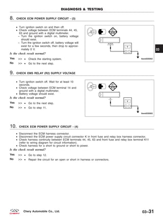 8. CHECK ECM POWER SUPPLY CIRCUIT - (3)
• Turn ignition switch on and then off.
• Check voltage between ECM terminals 44, 45,
63 and ground with a digital multimeter.
− Turn the ignition switch on, battery voltage
should exist.
− Turn the ignition switch off, battery voltage will
exist for a few seconds, then drop to approxi-
mately 0 V.
Is the check result normal?
Yes >> • Check the starting system.
No >> • Go to the next step.
9. CHECK EMS RELAY (R2) SUPPLY VOLTAGE
• Turn ignition switch off. Wait for at least 10
seconds.
• Check voltage between ECM terminal 14 and
ground with a digital multimeter.
• Battery voltage should exist.
Is the check result normal?
Yes >> • Go to the next step.
No >> • Go to step 11.
10. CHECK ECM POWER SUPPLY CIRCUIT - (4)
• Disconnect the ECM harness connector.
• Disconnect the ECM power supply circuit connector K in front fuse and relay box harness connector.
• Check harness continuity between ECM terminals 44, 45, 63 and front fuse and relay box terminal K11
(refer to wiring diagram for circuit information).
• Check harness for a short to ground or short to power.
Is the check result normal?
Yes >> • Go to step 12.
No >> • Repair the circuit for an open or short in harness or connectors.
DIAGNOSIS & TESTING
LTSMD030062
LTSMD030063
03
03–31Chery Automobile Co., Ltd.
 