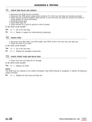 11. CHECK EMS RELAY (R2) CIRCUIT
• Disconnect the ECM harness connector.
• Disconnect the ECM power supply circuit connector K in front fuse and relay box harness connector.
• Check harness continuity between ECM terminal 14 and front fuse and relay box terminal K10 (refer to
wiring diagram for circuit information).
• Continuity should exist.
• Check EMS relay R2.
• Check harness for a short to ground or short to power.
Is the check result normal?
Yes >> • Go to the next step.
No >> • Repair or replace the malfunctioning components.
12. CHECK FUSE
• Disconnect fuse SB2 (30A), fuse FB12 (20A), fuse FB18 (7.5A) in the front fuse and relay box.
• Check the fuses for an open.
Is the check result normal?
Yes >> • Go to the next step.
No >> • Replace the damaged components.
13. CHECK FRONT FUSE AND RELAY BOX
• Check front fuse and relay box for damage.
Is the check result normal?
Yes >> • Replace the ECM.
NOTE :
The ECM must be matched to the vehicle Immobilizer (See ECM Removal & Installation in Section 03 Electronic
Engine Controls).
No >> • Replace the front fuse and relay box.
DIAGNOSIS & TESTING
03–32 Chery Automobile Co., Ltd.
 