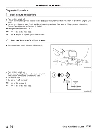 Diagnostic Procedure
1. CHECK GROUND CONNECTIONS
• Turn ignition switch off.
• Loosen and retighten ground screws on the body (See Ground Inspection in Section 03 Electronic Engine Con-
trols).
• Inspect ground connections E-201 and E-202 mounting positions (See Vehicle Wiring Harness Information -
Engine Control Harness in Section 16 Wiring).
Are the ground connections OK?
Yes >> • Go to the next step.
No >> • Repair or replace ground connections.
2. CHECK THE MAP SENSOR POWER SUPPLY
• Disconnect MAP sensor harness connector (1).
• Turn ignition switch on.
• Check supply voltage between terminal 1 and 3 in
MAP sensor connector E-033 terminal side.
• 5 V should exist.
Is the check result normal?
Yes >> • Go to step 4.
No >> • Go to the next step.
DIAGNOSIS & TESTING
LTSMD030076
VISMD030010
03–46 Chery Automobile Co., Ltd.
 
