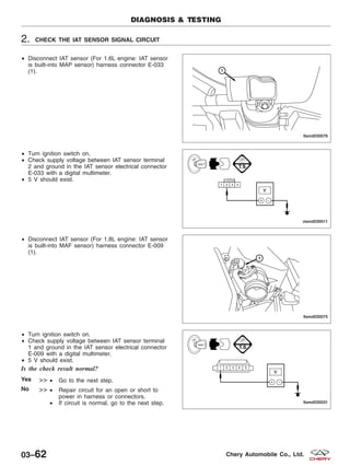 2. CHECK THE IAT SENSOR SIGNAL CIRCUIT
• Disconnect IAT sensor (For 1.6L engine: IAT sensor
is built-into MAP sensor) harness connector E-033
(1).
• Turn ignition switch on.
• Check supply voltage between IAT sensor terminal
2 and ground in the IAT sensor electrical connector
E-033 with a digital multimeter.
• 5 V should exist.
• Disconnect IAT sensor (For 1.8L engine: IAT sensor
is built-into MAF sensor) harness connector E-009
(1).
• Turn ignition switch on.
• Check supply voltage between IAT sensor terminal
1 and ground in the IAT sensor electrical connector
E-009 with a digital multimeter.
• 5 V should exist.
Is the check result normal?
Yes >> • Go to the next step.
No >> • Repair circuit for an open or short to
power in harness or connectors.
• If circuit is normal, go to the next step.
DIAGNOSIS & TESTING
LTSMD030076
VISMD030011
LTSMD030075
LTSMD030031
03–62 Chery Automobile Co., Ltd.
 