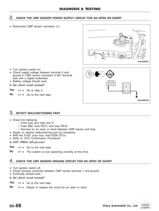 2. CHECK THE CMP SENSOR POWER SUPPLY CIRCUIT FOR AN OPEN OR SHORT
• Disconnect CMP sensor connector (1).
• Turn ignition switch on.
• Check supply voltage between terminal 3 and
ground in CMP sensor connector E-007 terminal
side with a digital multimeter.
• Battery voltage should exist.
Is the check result normal?
Yes >> • Go to step 4.
No >> • Go to the next step.
3. DETECT MALFUNCTIONING PART
• Check the following:
− Front fuse and relay box K
− Fuse SB2, fuse FB12, and fuse FB18
− Harness for an open or short between CMP sensor and fuse
• Repair or replace malfunctioning part as necessary.
• With the X-431 scan tool, read ECM DTCs.
• Refer to ЉDTC Confirmation ProcedureЉ.
Is DTC P0016 still present?
Yes >> • Go to the next step.
No >> • The system is now operating correctly at this time.
4. CHECK THE CMP SENSOR GROUND CIRCUIT FOR AN OPEN OR SHORT
• Turn ignition switch off.
• Check harness continuity between CMP sensor terminal 1 and ground.
• Continuity should exist.
Is the check result normal?
Yes >> • Go to the next step.
No >> • Repair or replace the circuit for an open or short.
DIAGNOSIS & TESTING
VISMD030001
LTSMD030044
03–68 Chery Automobile Co., Ltd.
 