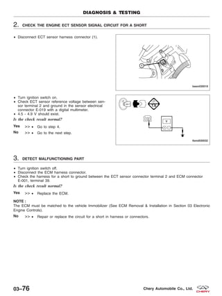 2. CHECK THE ENGINE ECT SENSOR SIGNAL CIRCUIT FOR A SHORT
• Disconnect ECT sensor harness connector (1).
• Turn ignition switch on.
• Check ECT sensor reference voltage between sen-
sor terminal 2 and ground in the sensor electrical
connector E-019 with a digital multimeter.
• 4.5 - 4.9 V should exist.
Is the check result normal?
Yes >> • Go to step 4.
No >> • Go to the next step.
3. DETECT MALFUNCTIONING PART
• Turn ignition switch off.
• Disconnect the ECM harness connector.
• Check the harness for a short to ground between the ECT sensor connector terminal 2 and ECM connector
E-001, terminal 39.
Is the check result normal?
Yes >> • Replace the ECM.
NOTE :
The ECM must be matched to the vehicle Immobilizer (See ECM Removal & Installation in Section 03 Electronic
Engine Controls).
No >> • Repair or replace the circuit for a short in harness or connectors.
DIAGNOSIS & TESTING
BESM030019
LTSMD030032
03–76 Chery Automobile Co., Ltd.
 