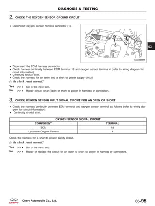 2. CHECK THE OXYGEN SENSOR GROUND CIRCUIT
• Disconnect oxygen sensor harness connector (1).
• Disconnect the ECM harness connector.
• Check harness continuity between ECM terminal 18 and oxygen sensor terminal 4 (refer to wiring diagram for
circuit information).
• Continuity should exist.
• Check the harness for an open and a short to power supply circuit.
Is the check result normal?
Yes >> • Go to the next step.
No >> • Repair circuit for an open or short to power in harness or connectors.
3. CHECK OXYGEN SENSOR INPUT SIGNAL CIRCUIT FOR AN OPEN OR SHORT
• Check the harness continuity between ECM terminal and oxygen sensor terminal as follows (refer to wiring dia-
gram for circuit information).
• Continuity should exist.
OXYGEN SENSOR SIGNAL CIRCUIT
COMPONENT TERMINAL
ECM 18
Upstream Oxygen Sensor 4
Check the harness for a short to power supply circuit.
Is the check result normal?
Yes >> • Go to the next step.
No >> • Repair or replace the circuit for an open or short to power in harness or connectors.
DIAGNOSIS & TESTING
BESM030017
03
03–95Chery Automobile Co., Ltd.
 