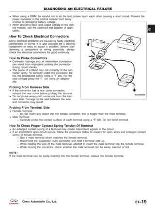 • When using a DMM, be careful not to let the test probes touch each other causing a short circuit. Prevent the
power transistor in the control module from being
shorted to damaging battery voltage.
• When checking input and output signals of the con-
trol module, use the specified test adapter (if appli-
cable).
How To Check Electrical Connectors
Many electrical problems are caused by faulty electrical
connections or wiring. It is also possible for a sticking
component or relay to cause a problem. Before con-
demning a component or wiring assembly, always
check the electrical connectors for good continuity.
How To Probe Connectors
• Connector damage and an intermittent connection
can result from improperly probing the connector
during circuit checks.
• The probe of a DMM may not correctly fit the con-
nector cavity. To correctly probe the connector, fol-
low the procedures below using a “T” pin. For the
best contact grasp the “T” pin using an alligator
clip.
Probing From Harness Side
• If the connector has a rear cover connector,
remove the rear cover before probing the terminal.
• Do not probe waterproof connectors from the har-
ness side. Damage to the seal between the wire
and connector may result.
Probing From Terminal Side
• Female Terminal:
− Do not insert any object into the female connector, that is bigger than the male terminal.
• Male Terminal:
− Carefully probe the contact surface of each terminal using a “T” pin. Do not bend terminal.
How To Check Proper Contact Spring Tension Of Terminal
• An enlarged contact spring of a terminal may create intermittent signals in the circuit.
• If an intermittent open circuit occurs, follow the procedure below to inspect for open wires and enlarged contact
spring of female terminal.
− Use a male terminal which matches the female terminal.
− Disconnect the suspected faulty connector and hold it terminal side up.
− While holding the wire of the male terminal, attempt to insert the male terminal into the female terminal.
− While moving the connector, check whether the male terminal can be easily inserted or not.
NOTE :
If the male terminal can be easily inserted into the female terminal, replace the female terminal.
DIAGNOSING AN ELECTRICAL FAILURE
LTSMD030028
01
01–19Chery Automobile Co., Ltd.
 