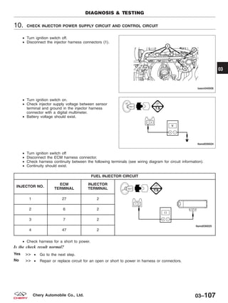 10. CHECK INJECTOR POWER SUPPLY CIRCUIT AND CONTROL CIRCUIT
• Turn ignition switch off.
• Disconnect the injector harness connectors (1).
• Turn ignition switch on.
• Check injector supply voltage between sensor
terminal and ground in the injector harness
connector with a digital multimeter.
• Battery voltage should exist.
• Turn ignition switch off
• Disconnect the ECM harness connector.
• Check harness continuity between the following terminals (see wiring diagram for circuit information).
• Continuity should exist.
FUEL INJECTOR CIRCUIT
INJECTOR NO.
ECM
TERMINAL
INJECTOR
TERMINAL
1 27 2
2 6 2
3 7 2
4 47 2
• Check harness for a short to power.
Is the check result normal?
Yes >> • Go to the next step.
No >> • Repair or replace circuit for an open or short to power in harness or connectors.
DIAGNOSIS & TESTING
BESM040006
LTSMD030024
03
03–107Chery Automobile Co., Ltd.
 