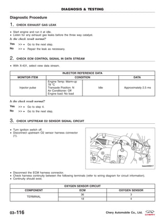 Diagnostic Procedure
1. CHECK EXHAUST GAS LEAK
• Start engine and run it at idle.
• Listen for any exhaust gas leaks before the three way catalyst.
Is the check result normal?
Yes >> • Go to the next step.
No >> • Repair the leak as necessary.
2. CHECK ECM CONTROL SIGNAL IN DATA STREAM
• With X-431, select view data stream.
INJECTOR REFERENCE DATA
MONITOR ITEM CONDITION DATA
Injector pulse
Engine Temp: Warm-up
78 °C
Transaxle Position: N
Air Conditioner: Off
Engine load: No load
Idle Approximately 2.5 ms
Is the check result normal?
Yes >> • Go to step 4.
No >> • Go to the next step.
3. CHECK UPSTREAM O2 SENSOR SIGNAL CIRCUIT
• Turn ignition switch off.
• Disconnect upstream O2 sensor harness connector
(1).
• Disconnect the ECM harness connector.
• Check harness continuity between the following terminals (refer to wiring diagram for circuit information).
• Continuity should exist.
OXYGEN SENSOR CIRCUIT
COMPONENT ECM OXYGEN SENSOR
TERMINAL
36 3
18 4
DIAGNOSIS & TESTING
BESM030017
03–116 Chery Automobile Co., Ltd.
 