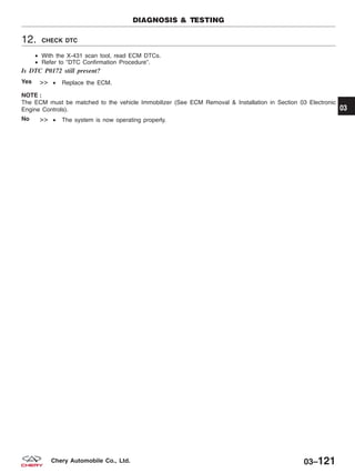 12. CHECK DTC
• With the X-431 scan tool, read ECM DTCs.
• Refer to ЉDTC Confirmation ProcedureЉ.
Is DTC P0172 still present?
Yes >> • Replace the ECM.
NOTE :
The ECM must be matched to the vehicle Immobilizer (See ECM Removal & Installation in Section 03 Electronic
Engine Controls).
No >> • The system is now operating properly.
DIAGNOSIS & TESTING
03
03–121Chery Automobile Co., Ltd.
 