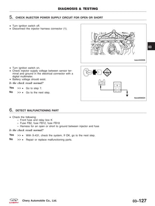 5. CHECK INJECTOR POWER SUPPLY CIRCUIT FOR OPEN OR SHORT
• Turn ignition switch off.
• Disconnect the injector harness connector (1).
• Turn ignition switch on.
• Check injector supply voltage between sensor ter-
minal and ground in the electrical connector with a
digital multimeter.
• Battery voltage should exist.
Is the check result normal?
Yes >> • Go to step 7.
No >> • Go to the next step.
6. DETECT MALFUNCTIONING PART
• Check the following:
− Front fuse and relay box K
− Fuse FB2, fuse FB12, fuse FB18
− Harness for an open or short to ground between injector and fuse
Is the check result normal?
Yes >> • With X-431, check the system, If OK, go to the next step.
No >> • Repair or replace malfunctioning parts.
DIAGNOSIS & TESTING
BESM040006
LTSMD030024
03
03–127Chery Automobile Co., Ltd.
 