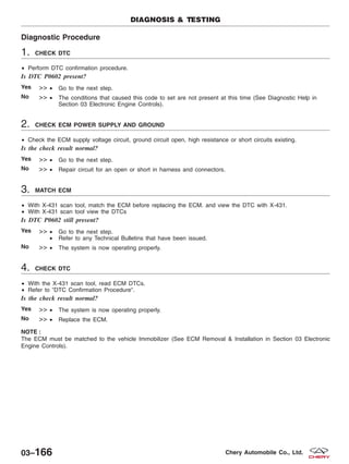 Diagnostic Procedure
1. CHECK DTC
• Perform DTC confirmation procedure.
Is DTC P0602 present?
Yes >> • Go to the next step.
No >> • The conditions that caused this code to set are not present at this time (See Diagnostic Help in
Section 03 Electronic Engine Controls).
2. CHECK ECM POWER SUPPLY AND GROUND
• Check the ECM supply voltage circuit, ground circuit open, high resistance or short circuits existing.
Is the check result normal?
Yes >> • Go to the next step.
No >> • Repair circuit for an open or short in harness and connectors.
3. MATCH ECM
• With X-431 scan tool, match the ECM before replacing the ECM. and view the DTC with X-431.
• With X-431 scan tool view the DTCs
Is DTC P0602 still present?
Yes >> • Go to the next step.
• Refer to any Technical Bulletins that have been issued.
No >> • The system is now operating properly.
4. CHECK DTC
• With the X-431 scan tool, read ECM DTCs.
• Refer to ЉDTC Confirmation ProcedureЉ.
Is the check result normal?
Yes >> • The system is now operating properly.
No >> • Replace the ECM.
NOTE :
The ECM must be matched to the vehicle Immobilizer (See ECM Removal & Installation in Section 03 Electronic
Engine Controls).
DIAGNOSIS & TESTING
03–166 Chery Automobile Co., Ltd.
 