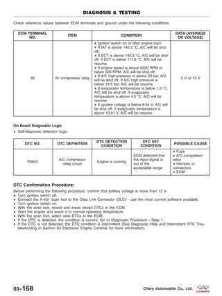 Check reference values between ECM terminals and ground under the following conditions:
ECM TERMINAL
NO.
ITEM CONDITION
DATA (AVERAGE
DC VOLTAGE)
69 Air compressor relay
• Ignition switch on or after engine start.
• If IAT is above 140.3 °C, A/C will be shut
off.
• If ECT is above 140.3 °C, A/C will be shut
off. If ECT is below 111.8 °C, A/C will be
resume.
• If engine speed is above 6520 RPM or
below 520 RPM, A/C will be shut off.
• If A/C high pressure is above 20 bar, A/C
will be shut off. If A/C high pressure is
below 19.5 bar, A/C will be resume.
• If evaporator temperature is below 1.5 °C,
A/C will be shut off. If evaporator
temperature is above 4.5 °C, A/C will be
resume.
• If system voltage is below 8.04 V, A/C will
be shut off. If evaporator temperature is
above 10.01 V, A/C will be resume.
0 V or 12 V
On Board Diagnostic Logic
• Self-diagnosis detection logic.
DTC NO. DTC DEFINITION
DTC DETECTION
CONDITION
DTC SET
CONDITION
POSSIBLE CAUSE
P0645
A/C compressor
relay circuit
Engine is running
ECM detected that
the input signal is
out of the
acceptable range.
• Fuse
• A/C compressor
relay
• Harness or
connectors
• ECM
DTC Confirmation Procedure:
Before performing the following procedure, confirm that battery voltage is more than 12 V.
• Turn ignition switch off.
• Connect the X-431 scan tool to the Data Link Connector (DLC) - use the most current software available.
• Turn ignition switch on.
• With the scan tool, record and erase stored DTCs in the ECM.
• Start the engine and warm it to normal operating temperature.
• With the scan tool, select view DTCs in the ECM.
• If the DTC is detected, the condition is current. Go to Diagnostic Procedure - Step 1.
• If the DTC is not detected, the DTC condition is intermittent (See Diagnostic Help and Intermittent DTC Trou-
bleshooting in Section 03 Electronic Engine Controls for more information).
DIAGNOSIS & TESTING
03–168 Chery Automobile Co., Ltd.
 