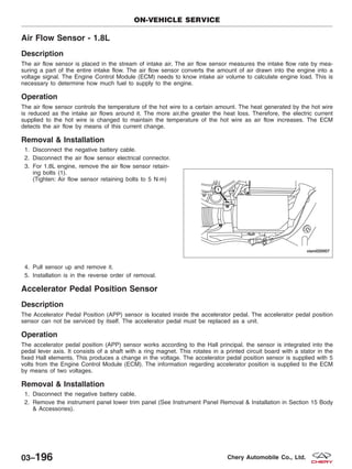 Air Flow Sensor - 1.8L
Description
The air flow sensor is placed in the stream of intake air. The air flow sensor measures the intake flow rate by mea-
suring a part of the entire intake flow. The air flow sensor converts the amount of air drawn into the engine into a
voltage signal. The Engine Control Module (ECM) needs to know intake air volume to calculate engine load. This is
necessary to determine how much fuel to supply to the engine.
Operation
The air flow sensor controls the temperature of the hot wire to a certain amount. The heat generated by the hot wire
is reduced as the intake air flows around it. The more air,the greater the heat loss. Therefore, the electric current
supplied to the hot wire is changed to maintain the temperature of the hot wire as air flow increases. The ECM
detects the air flow by means of this current change.
Removal & Installation
1. Disconnect the negative battery cable.
2. Disconnect the air flow sensor electrical connector.
3. For 1.8L engine, remove the air flow sensor retain-
ing bolts (1).
(Tighten: Air flow sensor retaining bolts to 5 N·m)
4. Pull sensor up and remove it.
5. Installation is in the reverse order of removal.
Accelerator Pedal Position Sensor
Description
The Accelerator Pedal Position (APP) sensor is located inside the accelerator pedal. The accelerator pedal position
sensor can not be serviced by itself. The accelerator pedal must be replaced as a unit.
Operation
The accelerator pedal position (APP) sensor works according to the Hall principal. the sensor is integrated into the
pedal lever axis. It consists of a shaft with a ring magnet. This rotates in a printed circuit board with a stator in the
fixed Hall elements. This produces a change in the voltage. The accelerator pedal position sensor is supplied with 5
volts from the Engine Control Module (ECM). The information regarding accelerator position is supplied to the ECM
by means of two voltages.
Removal & Installation
1. Disconnect the negative battery cable.
2. Remove the instrument panel lower trim panel (See Instrument Panel Removal & Installation in Section 15 Body
& Accessories).
ON-VEHICLE SERVICE
VISM020007
03–196 Chery Automobile Co., Ltd.
 