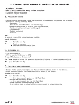Lack / Loss Of Power
The following conditions apply to this symptom:
• The engine has poor performance.
• The engine has poor acceleration.
1. PRELIMINARY CHECKS
• Verify symptom is reported under normal driving conditions without excessive engine/vehicle load conditions.
• Carry out the following preliminary checks:
− Fuel quality
− Vacuum lines (check for damage and correct routing)
− Intake air system (check for damaged tubes and dirty air filter)
− Vehicle wiring (disconnected, corroded/damaged)
− Throttle linkage
− Radiator (obstructed)
− Transaxle
NOTE :
Be aware of the over RPM limiting functions of the ECM.
Are all checks OK?
Yes >> • Go to the next step.
No >> • Repair as necessary.
• Verify the symptom no longer exists.
2. CHECK ECM DTC
• Turn ignition switch on.
• With the scan tool X-431, read the DTC.
Do any DTC displayed on the scan tool?
Yes >> • Check for causes. See Diagnostic Trouble Code (DTC) index — Engine Control Module (ECM).
No >> • Go to the next step.
3. CHECK FUEL SYSTEM PRESSURE
• Release the fuel system pressure (See Fuel Pressure Relief Procedure in Section 04 Fuel Delivery).
• Check fuel system pressure (See Fuel Pressure Test in Section 04 Fuel Delivery).
Is fuel pressure correct?
Yes >> • Go to the next step.
No >> • If the fuel pressure is greater than 400 kPa (4 Bar):
− Install a new fuel pressure regulator.
• If the fuel pressure is less than 400 kPa (4 Bar):
− Check fuel supply system for restriction or leak.
− If no problems, repair or replace fuel filter, pressure regulator or fuel pump assembly.
ELECTRONIC ENGINE CONTROLS - ENGINE SYMPTOM DIAGNOSIS
03–210 Chery Automobile Co., Ltd.
 