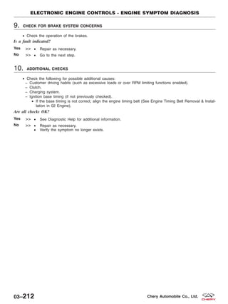 9. CHECK FOR BRAKE SYSTEM CONCERNS
• Check the operation of the brakes.
Is a fault indicated?
Yes >> • Repair as necessary.
No >> • Go to the next step.
10. ADDITIONAL CHECKS
• Check the following for possible additional causes:
− Customer driving habits (such as excessive loads or over RPM limiting functions enabled).
− Clutch.
− Charging system.
− Ignition base timing (if not previously checked).
• If the base timing is not correct, align the engine timing belt (See Engine Timing Belt Removal & Instal-
lation in 02 Engine).
Are all checks OK?
Yes >> • See Diagnostic Help for additional information.
No >> • Repair as necessary.
• Verify the symptom no longer exists.
ELECTRONIC ENGINE CONTROLS - ENGINE SYMPTOM DIAGNOSIS
03–212 Chery Automobile Co., Ltd.
 