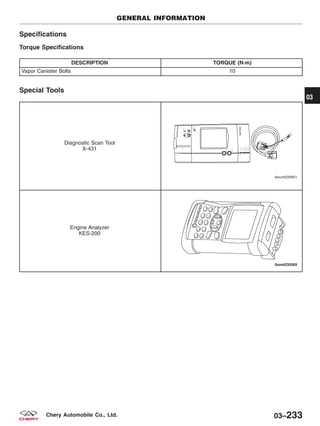 Specifications
Torque Specifications
DESCRIPTION TORQUE (N·m)
Vapor Canister Bolts 10
Special Tools
Diagnostic Scan Tool
X-431
Engine Analyzer
KES-200
GENERAL INFORMATION
03
03–233Chery Automobile Co., Ltd.
 