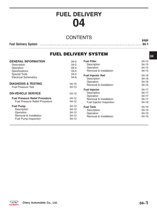 FUEL DELIVERY
04
CONTENTS page
Fuel Delivery System . . . . . . . . . . . . . . . . . . . . . . . . . . . . . . . . . . . . . . . . . . . . . . . . . . . . . . . . . . . . . . . . . 04-1
FUEL DELIVERY SYSTEM
GENERAL INFORMATION 04-2
Description 04-2
Operation 04-4
Specifications 04-4
Special Tools 04-5
Electrical Schematics 04-6
DIAGNOSIS & TESTING 04-10
Fuel Pressure Test 04-10
ON-VEHICLE SERVICE 04-12
Fuel Pressure Relief Procedure 04-12
Fuel Pressure Relief Procedure 04-12
Fuel Pump 04-12
Description 04-12
Operation 04-12
Removal & Installation 04-12
Fuel Pump Inspection 04-14
Fuel Filter 04-15
Description 04-15
Operation 04-15
Removal & Installation 04-15
Fuel Injector Rail 04-16
Description 04-16
Operation 04-16
Removal & Installation 04-16
Fuel Injector 04-17
Description 04-17
Operation 04-17
Removal & Installation 04-17
Fuel Injector Inspection 04-18
Fuel Tank 04-19
Description 04-19
Operation 04-19
Removal & Installation 04-19
04
04–1Chery Automobile Co., Ltd.
 