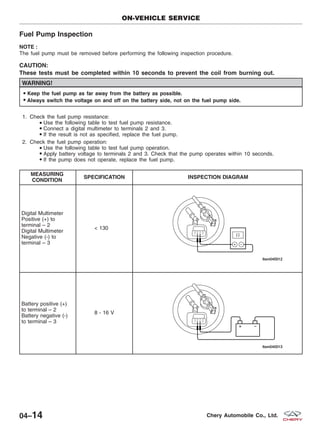 Fuel Pump Inspection
NOTE :
The fuel pump must be removed before performing the following inspection procedure.
CAUTION:
These tests must be completed within 10 seconds to prevent the coil from burning out.
WARNING!
Keep the fuel pump as far away from the battery as possible.
Always switch the voltage on and off on the battery side, not on the fuel pump side.
1. Check the fuel pump resistance:
Use the following table to test fuel pump resistance.
Connect a digital multimeter to terminals 2 and 3.
If the result is not as specified, replace the fuel pump.
2. Check the fuel pump operation:
Use the following table to test fuel pump operation.
Apply battery voltage to terminals 2 and 3. Check that the pump operates within 10 seconds.
If the pump does not operate, replace the fuel pump.
MEASURING
CONDITION
SPECIFICATION INSPECTION DIAGRAM
Digital Multimeter
Positive (+) to
terminal – 2
Digital Multimeter
Negative (-) to
terminal – 3
< 130
Battery positive (+)
to terminal – 2
Battery negative (-)
to terminal – 3
8 - 16 V
ON-VEHICLE SERVICE
04–14 Chery Automobile Co., Ltd.
 