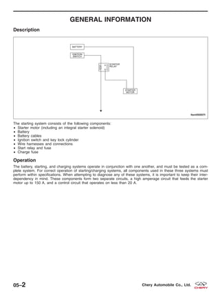 GENERAL INFORMATION
Description
The starting system consists of the following components:
• Starter motor (including an integral starter solenoid)
• Battery
• Battery cables
• Ignition switch and key lock cylinder
• Wire harnesses and connections
• Start relay and fuse
• Charge fuse
Operation
The battery, starting, and charging systems operate in conjunction with one another, and must be tested as a com-
plete system. For correct operation of starting/charging systems, all components used in these three systems must
perform within specifications. When attempting to diagnose any of these systems, it is important to keep their inter-
dependency in mind. These components form two separate circuits, a high amperage circuit that feeds the starter
motor up to 150 A, and a control circuit that operates on less than 20 A.
LTSM050007T
05–2 Chery Automobile Co., Ltd.
 