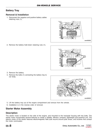 Battery Tray
Removal & Installation
1. Disconnect the negative and positive battery cables
retaining nuts (1).
2. Remove the battery hold down retaining nuts (1).
3. Remove the battery.
4. Remove the bolts (1) connecting the battery tray to
car body.
5. Lift the battery tray out of the engine compartment and remove from the vehicle.
6. Installation is in the reverse order of removal.
Starter Motor Assembly
Description
The starter motor is located on the side of the engine, and mounted to the transaxle housing with two bolts. The
starter motor incorporates several features to create a reliable, efficient, compact, lightweight and powerful unit. The
electric motor of the starter features electromagnetic field coils wound around pole shoes, and brushes that contact
the motor commutator.
ON-VEHICLE SERVICE
VISM050002
VISM050001
VISM080003
05–8 Chery Automobile Co., Ltd.
 