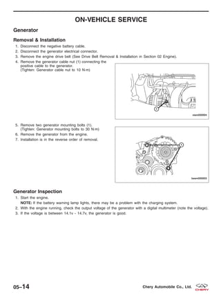 ON-VEHICLE SERVICE
Generator
Removal & Installation
1. Disconnect the negative battery cable.
2. Disconnect the generator electrical connector.
3. Remove the engine drive belt (See Drive Belt Removal & Installation in Section 02 Engine).
4. Remove the generator cable nut (1) connecting the
positive cable to the generator.
(Tighten: Generator cable nut to 10 N·m)
5. Remove two generator mounting bolts (1).
(Tighten: Generator mounting bolts to 30 N·m)
6. Remove the generator from the engine.
7. Installation is in the reverse order of removal.
Generator Inspection
1. Start the engine.
NOTE: If the battery warning lamp lights, there may be a problem with the charging system.
2. With the engine running, check the output voltage of the generator with a digital multimeter (note the voltage).
3. If the voltage is between 14.1v - 14.7v, the generator is good.
VISM050004
BESM050003
05–14 Chery Automobile Co., Ltd.
 
