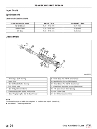 Input Shaft
Specifications
Clearance Specifications
SYNCHRONIZER RING VALUE OF A WEARING LIMIT
1st-2nd Gear 1.10 - 1.17 mm 0.05 mm
3rd-4th Gear 1.35 - 1.90 mm 0.05 mm
5th Gear 1.10 - 1.17 mm 0.05 mm
Disassembly
NOTE :
The following special tools are required to perform the repair procedure:
• MB-998801 - Bearing Detacher
1 – Front Input Shaft Bearing
2 – Input Shaft
3 – 3rd-5th Needle Roller Bearing
4 – 3rd Driving Gear
5 – 3rd-4th Synchronizer Cone
6 – Synchronizer Ring 3rd-4th Synchronizer
7 – Steel Ring Spring For 3rd-4th Synchronizer
8 – Guide Block For 3rd-4th Synchronizer
9 – Gear Hub For 3rd-4th Synchronizer
10 – Gear Sleeve For 3rd-4th Synchronizer
11 – Steel Ring Spring For 3rd-4th Synchronizer
12 – 4th Gear Needle Roller Bearing
13 – 4th Driving Gear
14 – 3rd-4th Synchronizer Cone
TRANSAXLE UNIT REPAIR
BESM080015
08–24 Chery Automobile Co., Ltd.
 