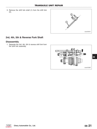 3. Remove the shift fork shaft (1) from the shift fork
(2).
3rd, 4th, 5th & Reverse Fork Shaft
Disassembly
1. Separate the 3rd, 4th, 5th & reverse shift fork from
the shift fork assembly.
TRANSAXLE UNIT REPAIR
VISM010011
VISM020016
08
08–31Chery Automobile Co., Ltd.
 