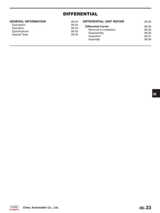 DIFFERENTIAL
GENERAL INFORMATION 08-34
Description 08-34
Operation 08-34
Specifications 08-35
Special Tools 08-35
DIFFERENTIAL UNIT REPAIR 08-36
Differential Carrier 08-36
Removal & Installation 08-36
Disassembly 08-36
Inspection 08-37
Assembly 08-38
08
08–33Chery Automobile Co., Ltd.
 