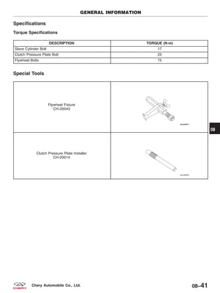 Specifications
Torque Specifications
DESCRIPTION TORQUE (N·m)
Slave Cylinder Bolt 17
Clutch Pressure Plate Bolt 25
Flywheel Bolts 75
Special Tools
Flywheel Fixture
CH-20043
Clutch Pressure Plate Installer
CH-20014
GENERAL INFORMATION
08
08–41Chery Automobile Co., Ltd.
 