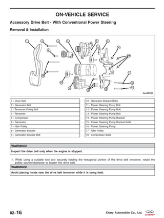 ON-VEHICLE SERVICE
Accessory Drive Belt - With Conventional Power Steering
Removal & Installation
WARNING!
Inspect the drive belt only when the engine is stopped.
1. While using a suitable tool and securely holding the hexagonal portion of the drive belt tensioner, rotate the
pulley counterclockwise to loosen the drive belt.
WARNING!
Avoid placing hands near the drive belt tensioner while it is being held.
1 - Drive Belt
2 - Generator Bolt
3 - Tensioner Pulley Bolt
4 - Tensioner
5 - Compressor
6 - Generator
7 - Idler Pulley
8 - Generator Bracket
9 - Generator Bracket Bolt
10 - Generator Bracket Bolts
11 - Power Steering Pump Bolt
12 - Power Steering Pump Bolt
13 - Power Steering Pump Bolt
14 - Power Steering Pump Bracket
15 - Power Steering Pump Bracket Bolts
16 - Power Steering Pump
17 - Idler Pulley
18 - Compressor Bolts
LTSM020163
02–16 Chery Automobile Co., Ltd.
 