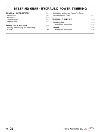 STEERING GEAR - HYDRAULIC POWER STEERING
GENERAL INFORMATION 11-21
Description 11-21
Operation 11-21
Specifications 11-21
Special Tools 11-21
DIAGNOSIS & TESTING 11-22
Binding and Sticking Troubleshooting
Chart 11-22
Insufficient Assist/Poor Return To Center
Troubleshooting Chart 11-22
ON-VEHICLE SERVICE 11-23
Steering Gear 11-23
Removal & Installation 11-23
Tie Rod 11-28
Removal & Installation 11-28
11–20 Chery Automobile Co., Ltd.
 