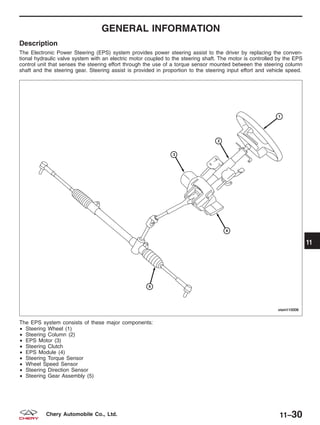 GENERAL INFORMATION
Description
The Electronic Power Steering (EPS) system provides power steering assist to the driver by replacing the conven-
tional hydraulic valve system with an electric motor coupled to the steering shaft. The motor is controlled by the EPS
control unit that senses the steering effort through the use of a torque sensor mounted between the steering column
shaft and the steering gear. Steering assist is provided in proportion to the steering input effort and vehicle speed.
The EPS system consists of these major components:
• Steering Wheel (1)
• Steering Column (2)
• EPS Motor (3)
• Steering Clutch
• EPS Module (4)
• Steering Torque Sensor
• Wheel Speed Sensor
• Steering Direction Sensor
• Steering Gear Assembly (5)
VISM110006
11
11–30Chery Automobile Co., Ltd.
 