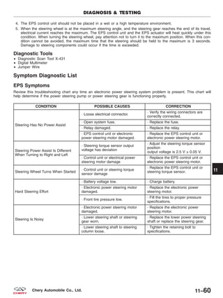 4. The EPS control unit should not be placed in a wet or a high temperature environment.
5. When the steering wheel is at the maximum steering angle, and the steering gear reaches the end of its travel,
electrical current reaches the maximum. The EPS control unit and the EPS actuator will heat quickly under this
condition. When turning the steering wheel, pay attention not to turn it to the maximum position. When this con-
dition cannot be avoided, the maximum time that the steering should be held to the maximum is 3 seconds.
Damage to steering components could occur if the time is exceeded.
Diagnostic Tools
• Diagnostic Scan Tool X-431
• Digital Multimeter
• Jumper Wire
Symptom Diagnostic List
EPS Symptoms
Review this troubleshooting chart any time an electronic power steering system problem is present. This chart will
help determine if the power steering pump or power steering gear is functioning properly.
CONDITION POSSIBLE CAUSES CORRECTION
Steering Has No Power Assist
· Loose electrical connector.
· Verify the wiring connectors are
correctly connected.
· Open system fuse. · Replace the fuse.
· Relay damaged. · Replace the relay.
· EPS control unit or electronic
power steering motor damaged.
· Replace the EPS control unit or
electronic power steering motor.
Steering Power Assist Is Different
When Turning to Right and Left
· Steering torque sensor output
voltage has deviation
· Adjust the steering torque sensor
position
output voltage is 2.5 V ± 0.05 V.
· Control unit or electrical power
steering motor damage
· Replace the EPS control unit or
electronic power steering motor.
Steering Wheel Turns When Started
· Control unit or steering torque
sensor damage
· Replace the EPS control unit or
steering torque sensor.
Hard Steering Effort
· Battery voltage low. · Charge battery.
· Electronic power steering motor
damaged.
· Replace the electronic power
steering motor.
· Front tire pressure low.
· Fill the tires to proper pressure
specifications.
Steering Is Noisy
· Electronic power steering motor
damaged.
· Replace the electronic power
steering motor.
· Lower steering shaft or steering
gear worn.
· Replace the lower power steering
shaft or replace the steering gear.
· Lower steering shaft to steering
column loose.
· Tighten the retaining bolt to
specifications.
DIAGNOSIS & TESTING
11
11–60Chery Automobile Co., Ltd.
 